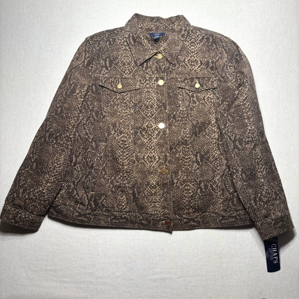 Chaps Trucker‎ Jacket Womens 3X Brown Snake Print Button Front Stretch NWT